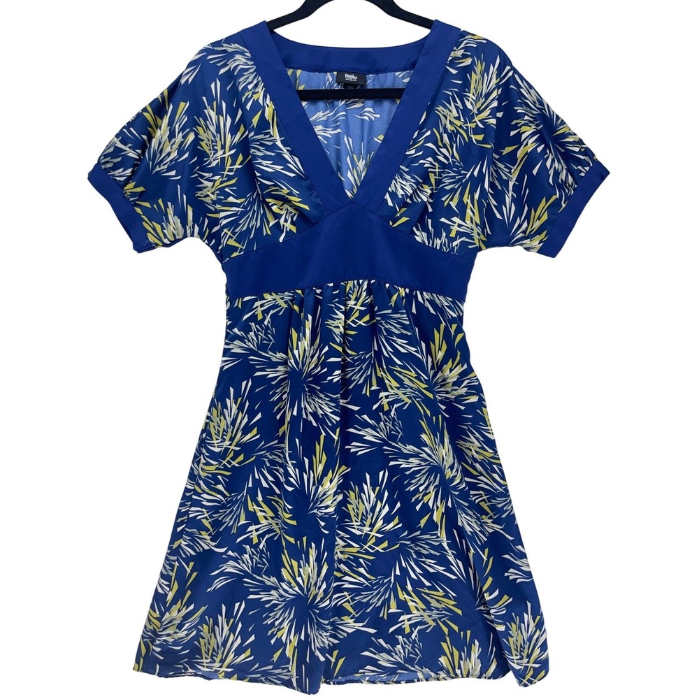 Mossimo Blue Geometric Sunburst V-Neck Empire Waist Dress Size XS Short Sleeve